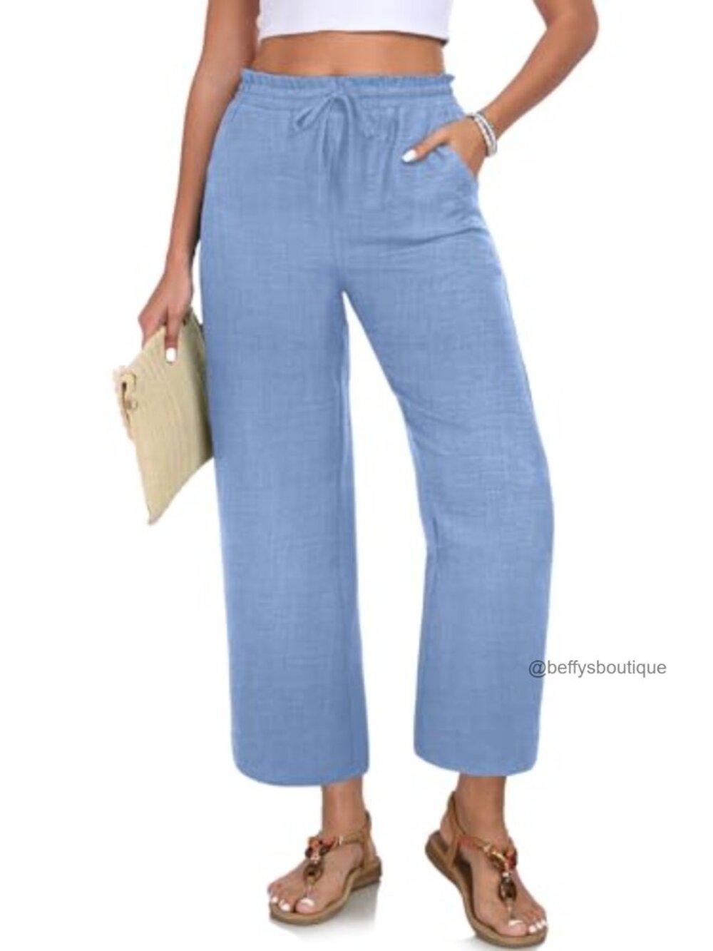 Women's Cropped Palazzo Pants High Waist Drawstring 100% Polyester Lightweight
